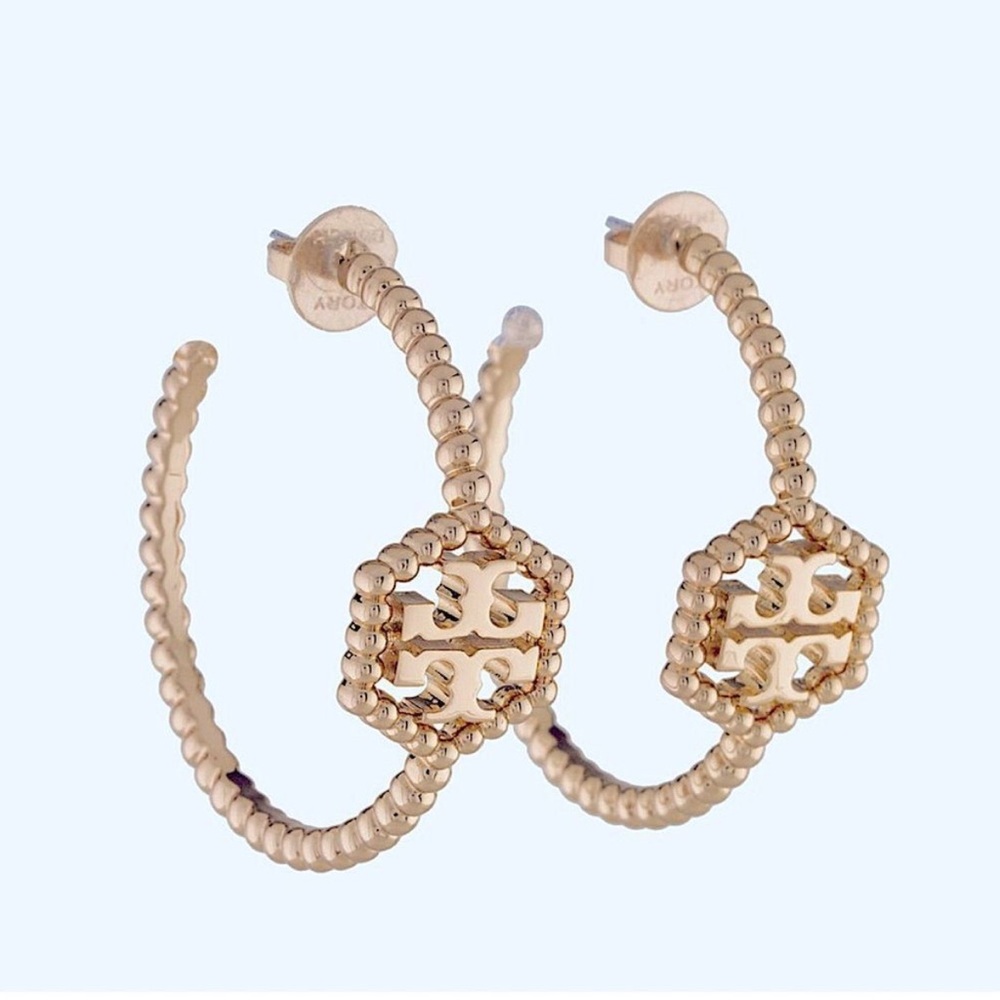Tory Burch Rose Gold Milgrain Hex Hoop Earrings